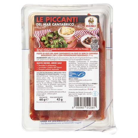 Rizzoli le Piccanti del Mar Cantabrico Filetti di Alici a Bassa Salatura con Peperoncino Bio 60 g